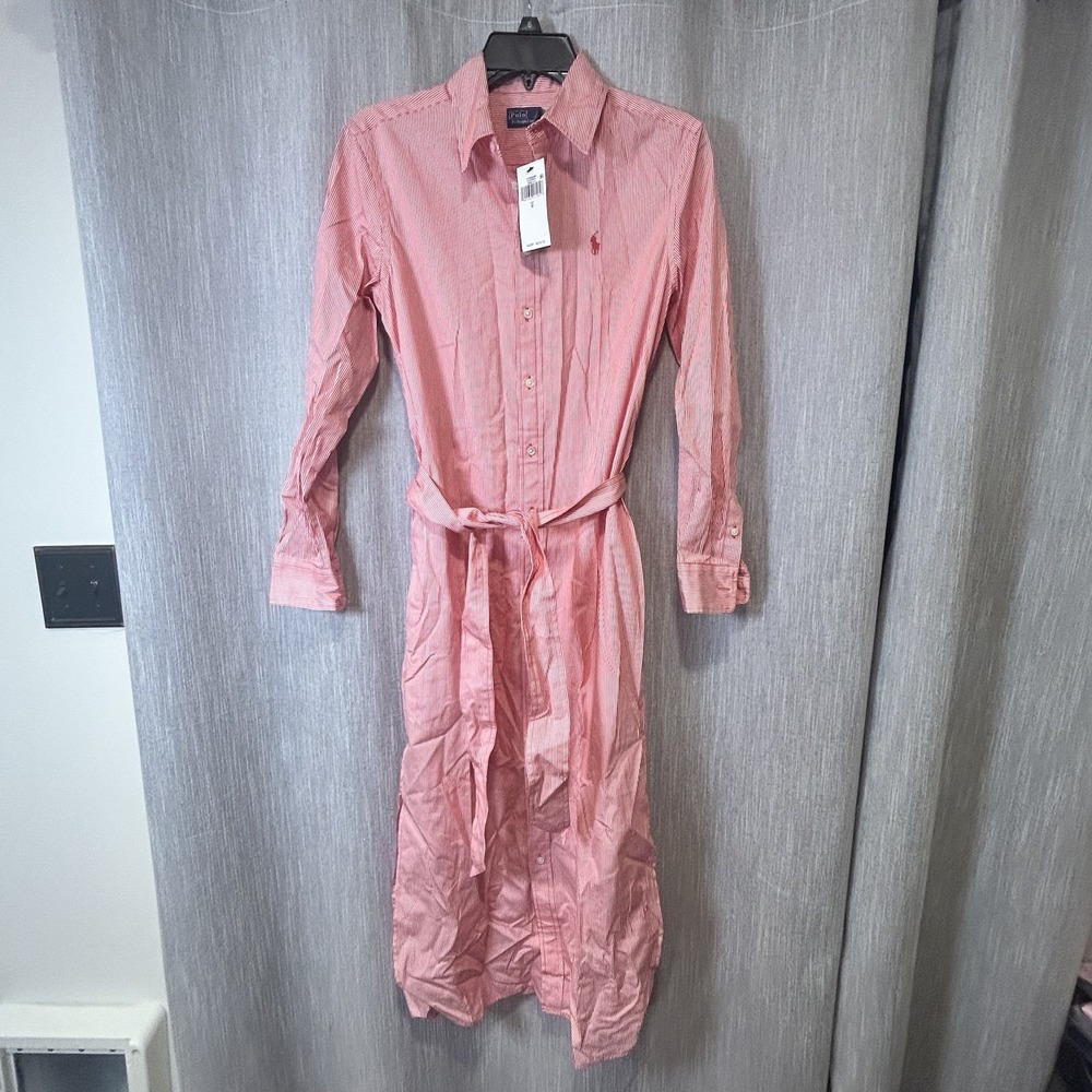 Polo By Ralph Lauren Shirt Dress Women 0 Red Stripe Belted Long Sleeve Maxi $228